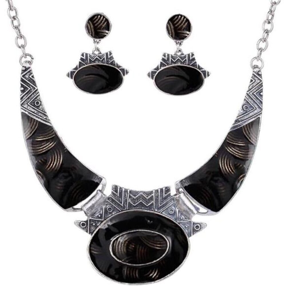 Ethnic Color Embossed Oval Gangle Bib Collar Earrings Necklace Jewelry
